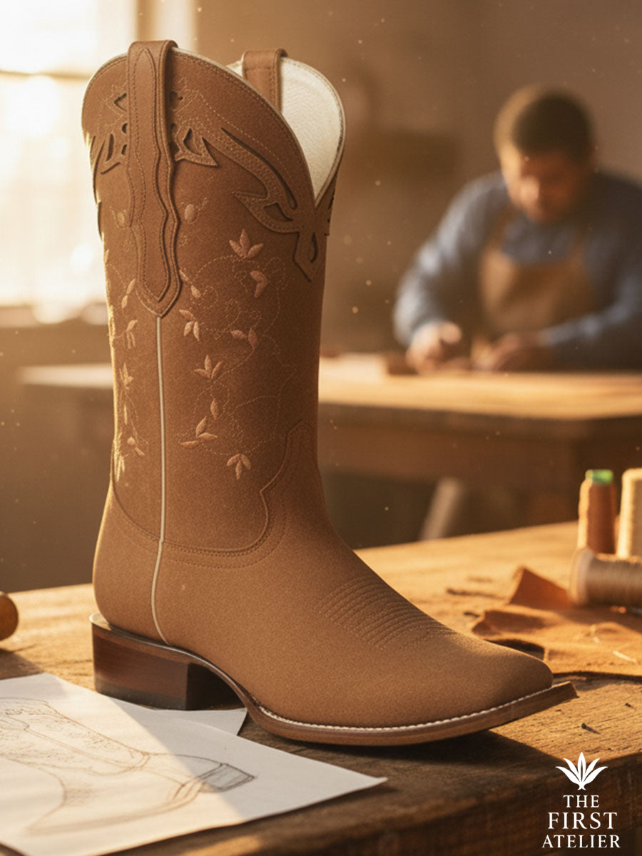 Close-up of La Rosa del Altiplano Boot on an artisan bench — sun-warmed camel leather with cutwork florals and tonal stitching, small-batch workshop light, Atelier No. 26.