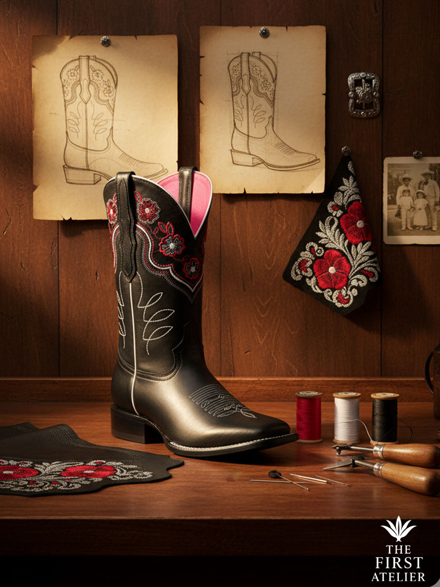 Atelier No. 26 — La Rosa del Invierno boot displayed beside artisan embroidery sketches and leather tools.