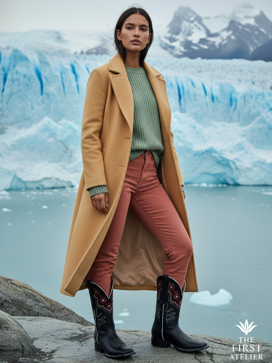 Woman standing before a blue glacier wearing a camel coat and Atelier No. 26 — La Rosa del Invierno boots, poised in winter light.