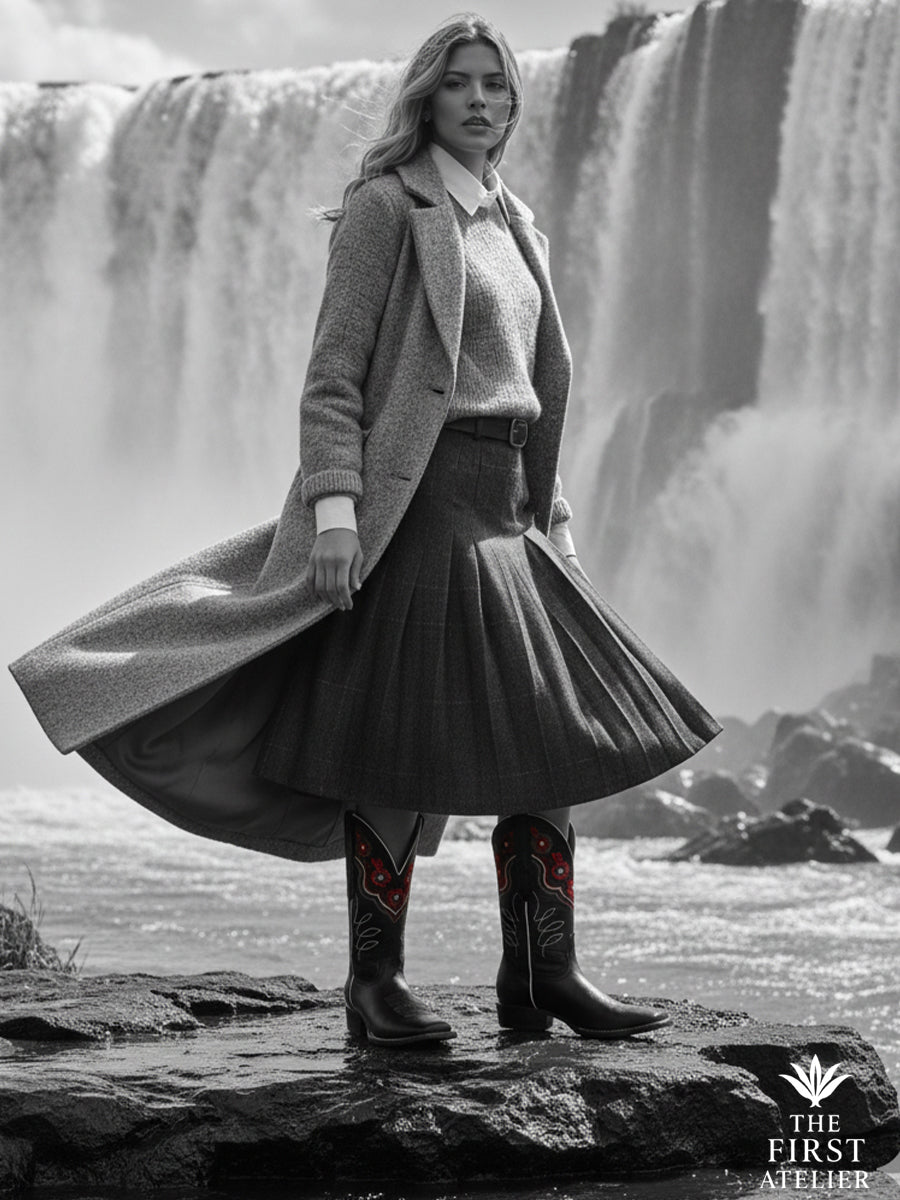 Black and white portrait of a woman in a long wool coat standing before a waterfall, wearing Atelier No. 26 — La Rosa del Invierno boots.