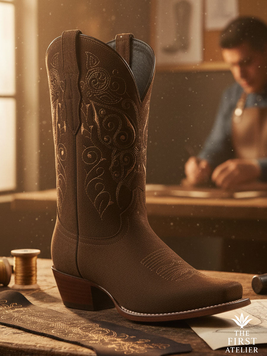Close-up of the Calle Real Boot — espresso-brown leather with hand-tooled scrollwork detail and subtle gold-toned stitching, captured under warm workshop light, Atelier No. 3.
