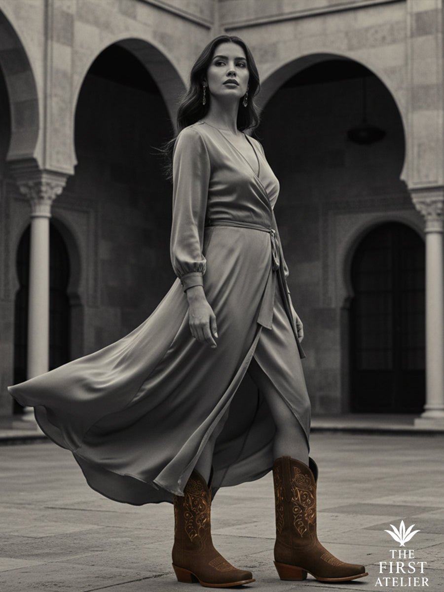 Monochrome fashion shot of a woman in a draped gown walking in the Calle Real Boot, captured mid-motion — cinematic, poised, and modern, Atelier No. 3.
