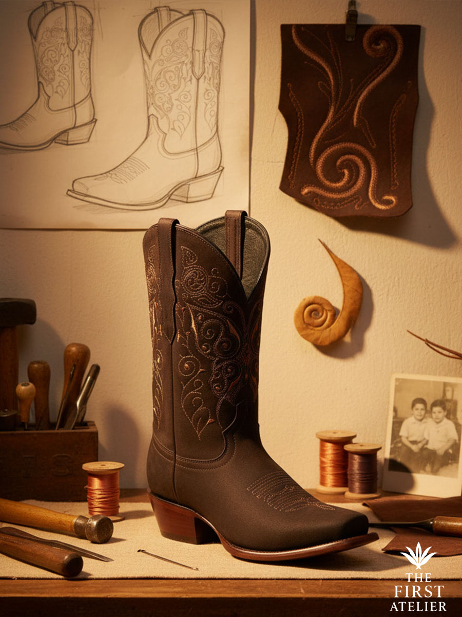 The Calle Real Boot displayed on a craftsman’s desk beside sketches, leather tools, and thread spools — a study in legacy, precision, and Mexican leatherwork, Atelier No. 3.
