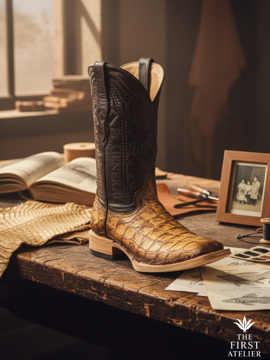 The El Umbral Boot — men’s western boot in textured brown leather, photographed on an artisan’s workshop desk beside sketches and tools, highlighting the contrast between a dark shaft and a golden patina vamp, Atelier No. 33.
