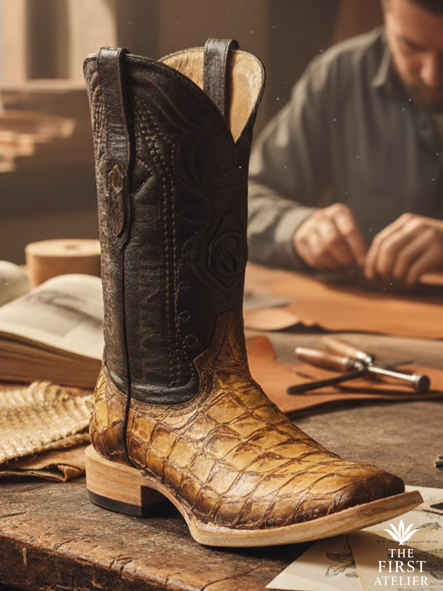 The El Umbral Boot — handcrafted men’s western boot in textured brown leather, photographed on the artisan’s worktable with tools and sketches, Atelier No. 33.
