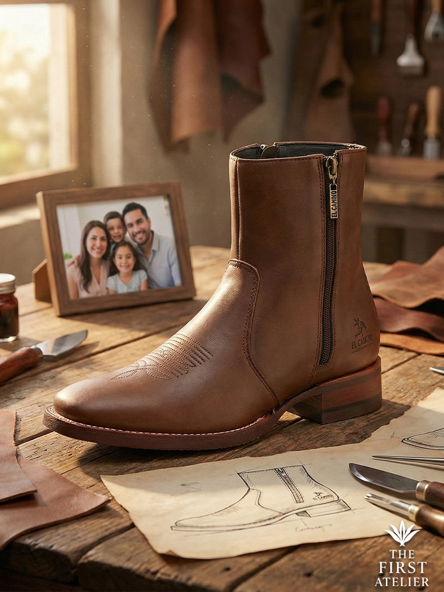 Still life of Atelier No. 71 El Destino Boot on a desk with a family photo and sketches, representing a journey defined by purpose.