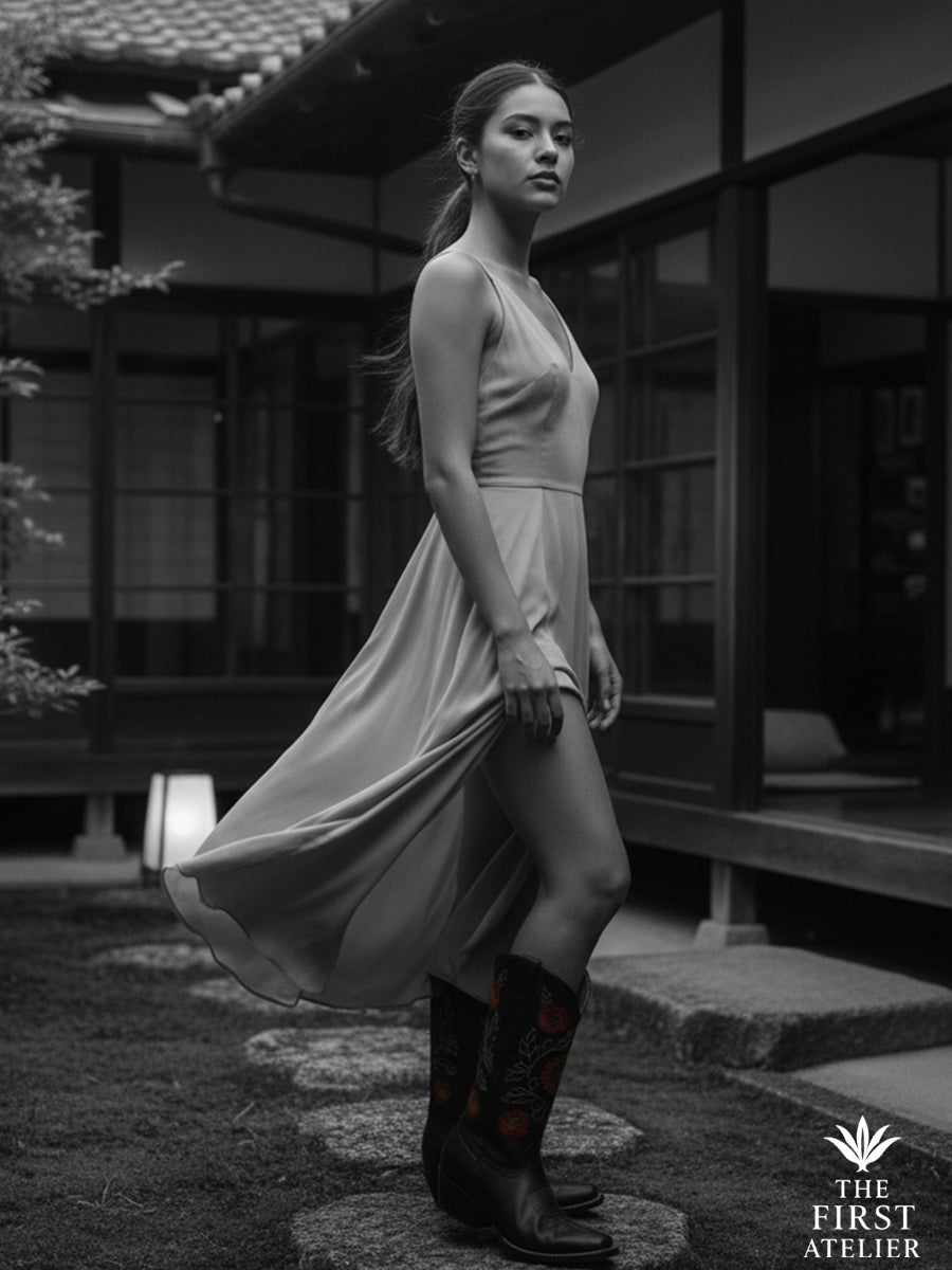 Black-and-white editorial portrait of a woman in a silk gown wearing La Flor del Sol Boot — evoking timeless Mexican elegance and resilience, Atelier No. 7.
