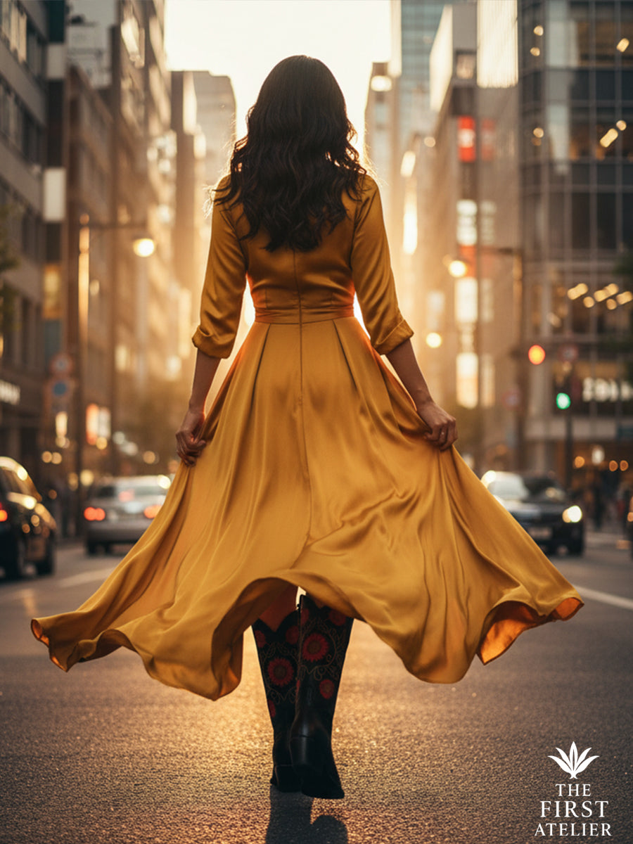 Rear view of a woman walking through city lights in a golden dress and La Flor del Sol Boot — symbolizing motion, warmth, and strength, Atelier No. 7.
