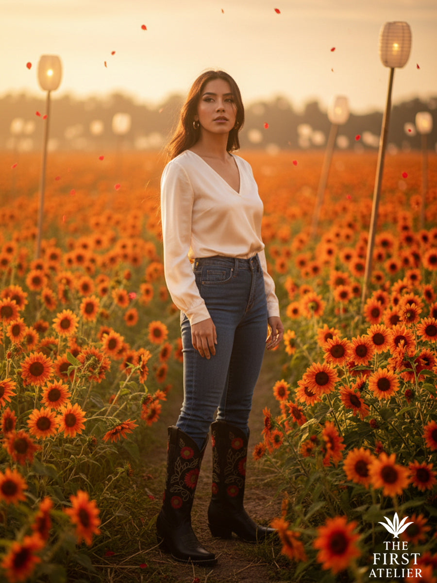 Woman standing in a field of sunflowers wearing La Flor del Sol Boot — black leather cowboy boots with vivid red and gold embroidery, Atelier No. 7.
