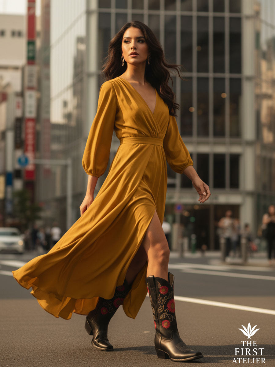 City street-style portrait of a woman in a flowing mustard dress wearing La Flor del Sol Boot — blending elegance and artisan fire, Atelier No. 7.
