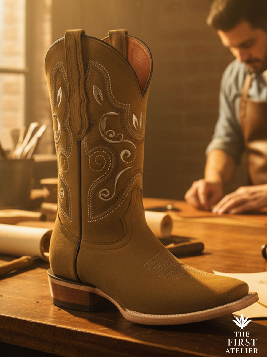 Gilded Saffron Boot on an artisan bench; leather tools and vellum sketches under warm tungsten light.