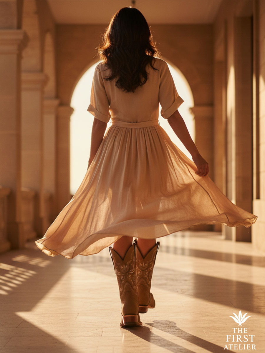 Woman twirling in a white pleated dress at sunset; Gilded Saffron Boots catching warm light on stone floor