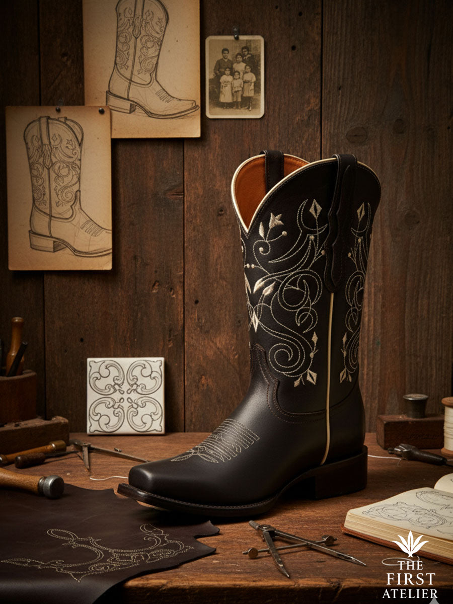 Final atelier still-life: finished boot beside edge burnisher, beeswax, and pattern drawings; natural grain and patina
