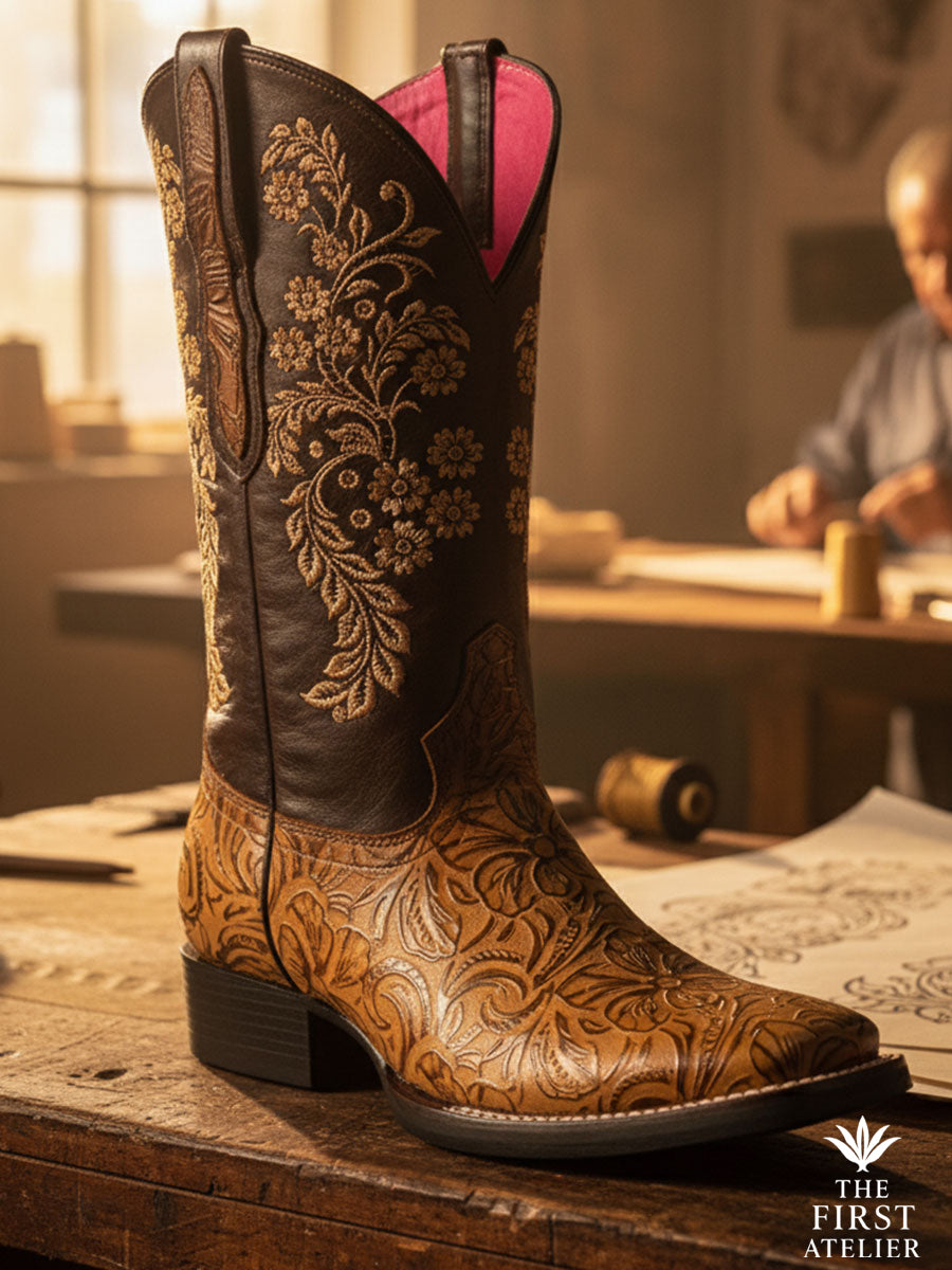 Close-up of La Dalia Dorada Boot — chocolate-brown shaft, golden hand-tooled vamp, ivory floral embroidery and rose lining, handcrafted in León, Guanajuato, Atelier No. 22.