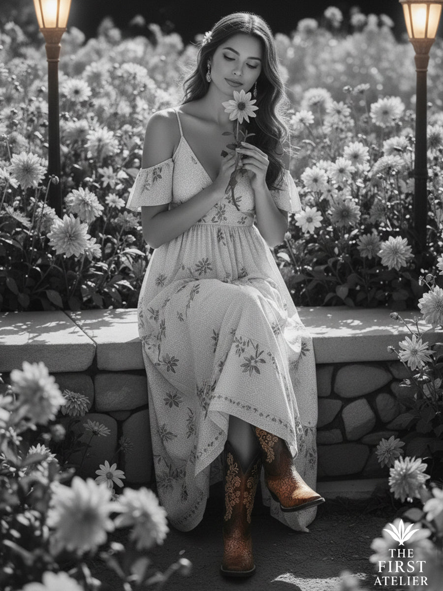 La Dalia Dorada Boot on an artisan workbench with tooling patterns and vintage sketches — tribute to Mexican craftsmanship, Atelier No. 22.