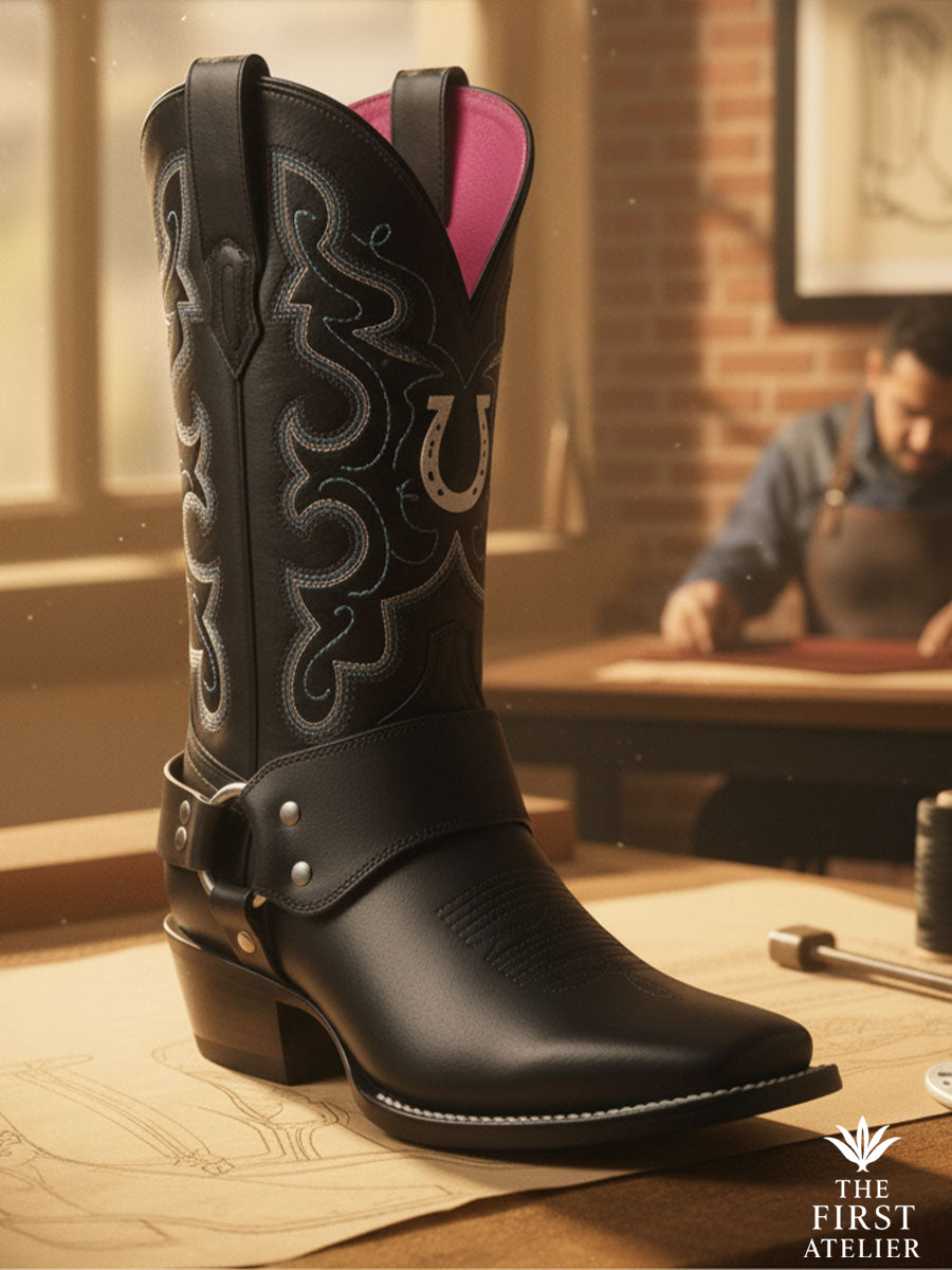 Close-up of La Dama Nocturna Boot in black full-grain leather with silver embroidery and a pink lining, resting on a workbench under warm artisan light — handcrafted in León, Guanajuato, Atelier No. 9.