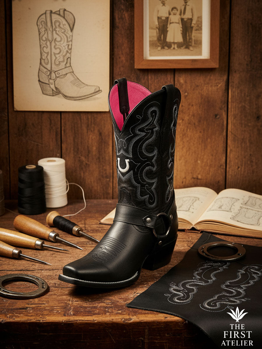 La Dama Nocturna Boot displayed in the craftsman’s studio — black leather, silver embroidery, and pink lining beside sketches and tools, honoring handmade Mexican luxury, Atelier No. 9.
