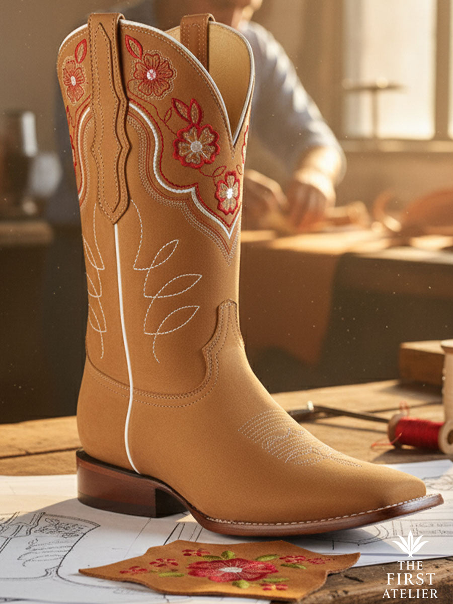 Close-up of La Flor de Canela Boot — honey-tan full-grain leather with red floral embroidery and ivory accents, handcrafted in León, Guanajuato, Atelier No. 23.