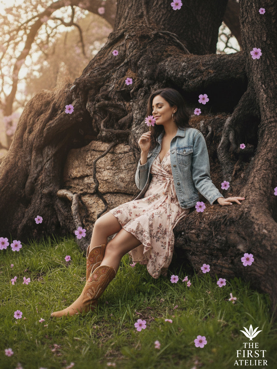 Among wildflowers under an ancient tree — woman wearing La Flor de Canela Boot with a flowing dress, natural grace, Atelier No. 23.