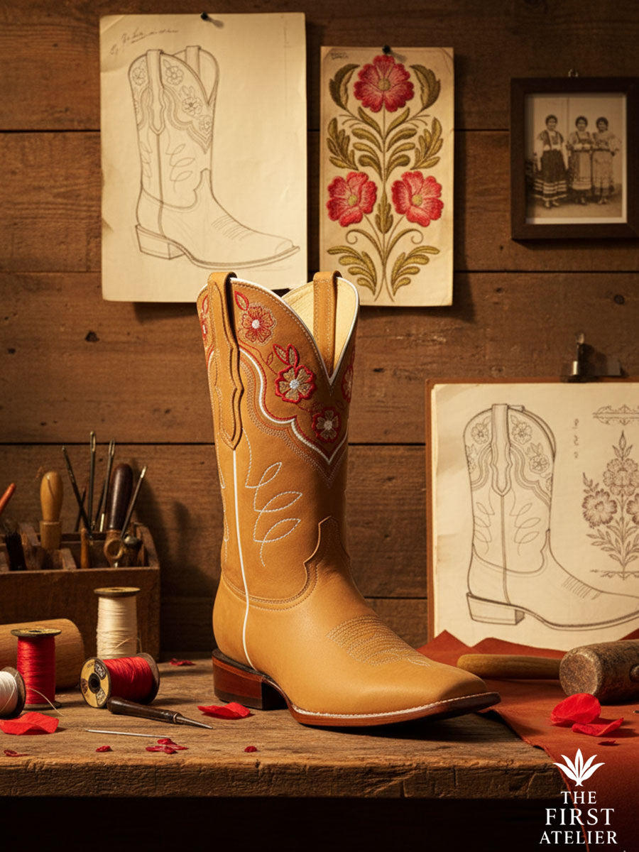 La Flor de Canela Boot on a craftsman’s workbench with sketches and embroidery drawings — tribute to handmade Mexican artistry, Atelier No. 23.