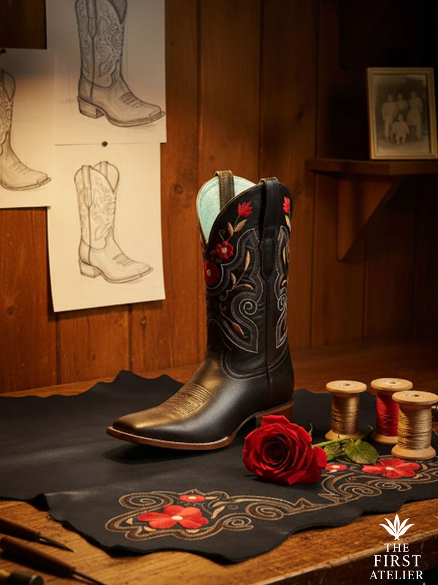 La Flor de Fuego Boot displayed in a leather atelier surrounded by sketches, threads, and a red rose — a symbol of fiery craftsmanship and timeless artistry, Atelier No. 02.