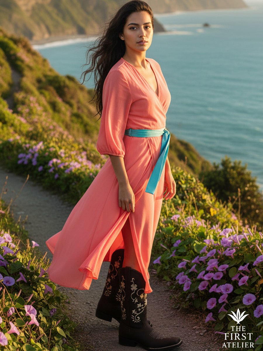 La Flor de la Medianoche Boot styled with a coral silk dress on a coastal path at sunset, representing feminine strength and serenity, Atelier No. 18.