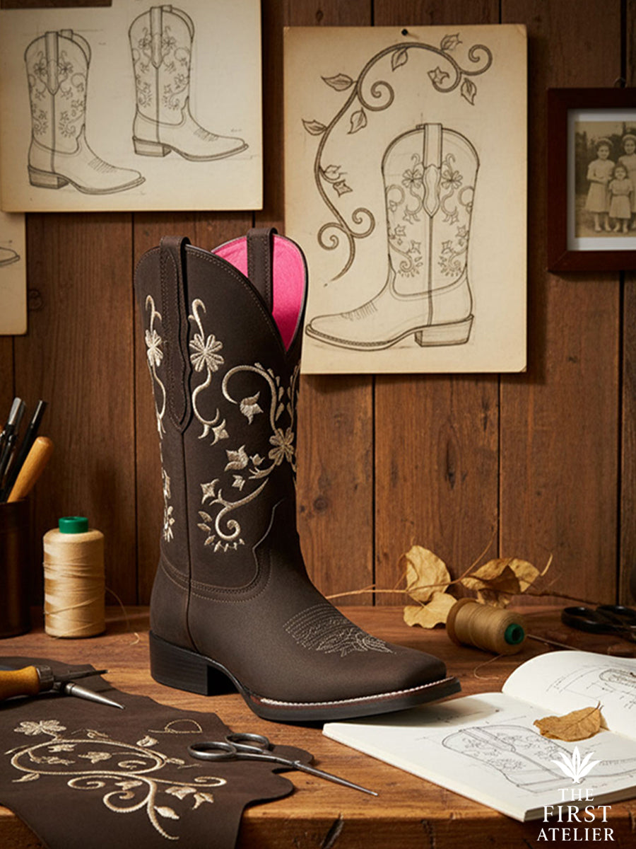 La Flor de la Medianoche Boot displayed in an artisan workspace with embroidery sketches and leather tools — honoring Mexican craftsmanship, Atelier No. 18.