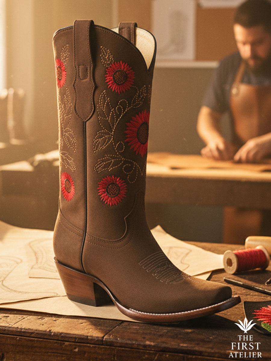 Close-up of La Flor de la Vida Boot showing hand-tooled brown leather and crimson floral embroidery illuminated by warm artisan light — crafted in León, Guanajuato, Atelier No. 8.