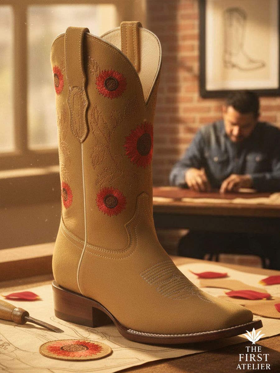 Close-up of La Flor del Alba Boot in tan leather with red floral embroidery, handcrafted in León, Guanajuato, displayed on an artisan workbench.
