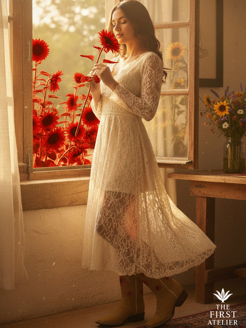Woman in lace dress standing by a sunlit window wearing La Flor del Alba Boot — tan leather with red floral embroidery — evoking morning calm and artisanal elegance.