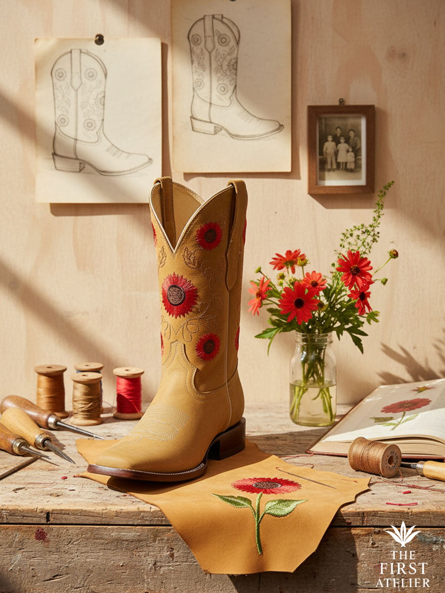 La Flor del Alba Boot displayed in a craftsman’s studio beside red flowers and leather sketches — symbolizing sunrise, femininity, and heritage craftsmanship.