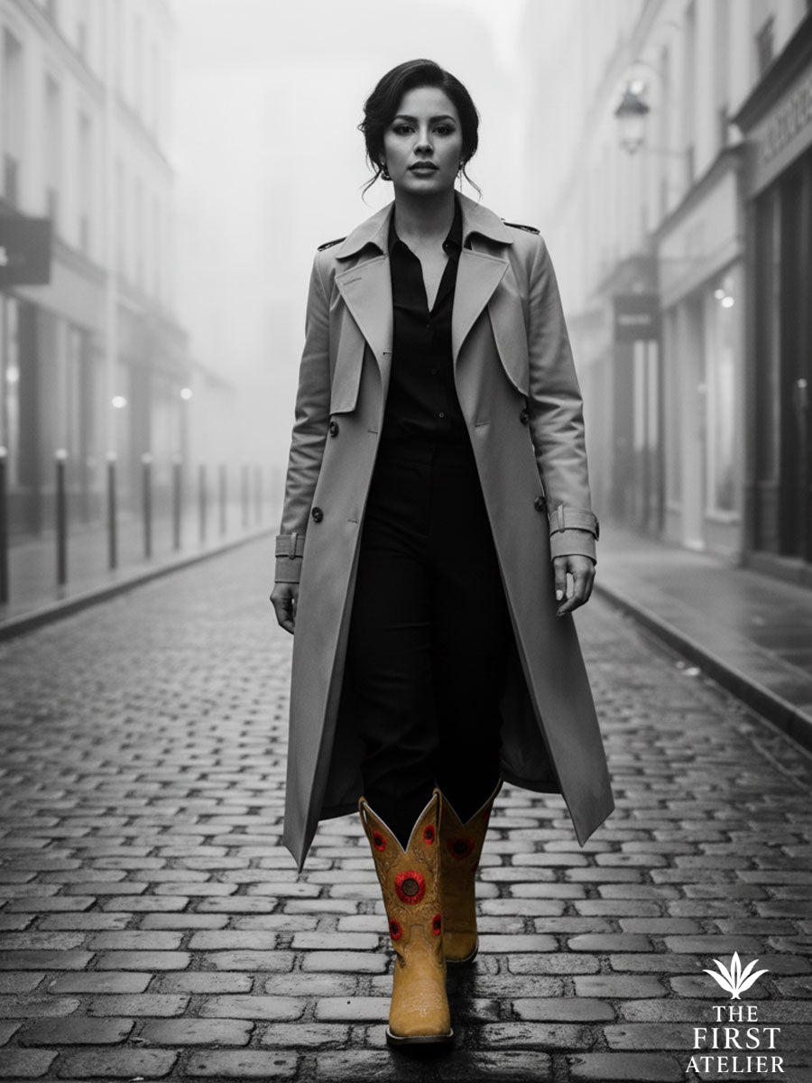 Black-and-white city portrait of a woman in a long trench coat and La Flor del Alba Boot — a blend of elegance and strength, handcrafted in León, Guanajuato.
