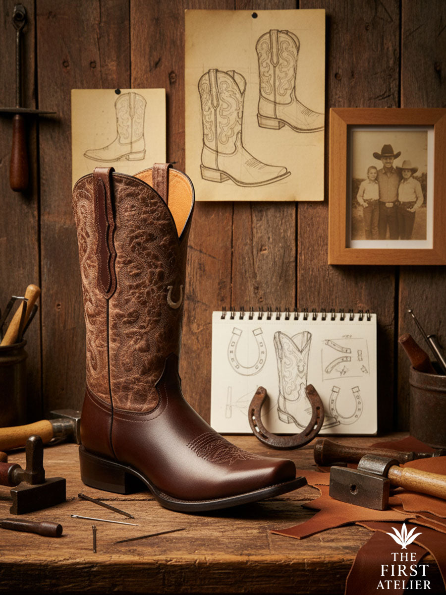 The La Flor del Camino Boot displayed in an artisan studio beside leather sketches, pattern drawings, and tools — honoring heritage Mexican bootmaking, Atelier No. 12.