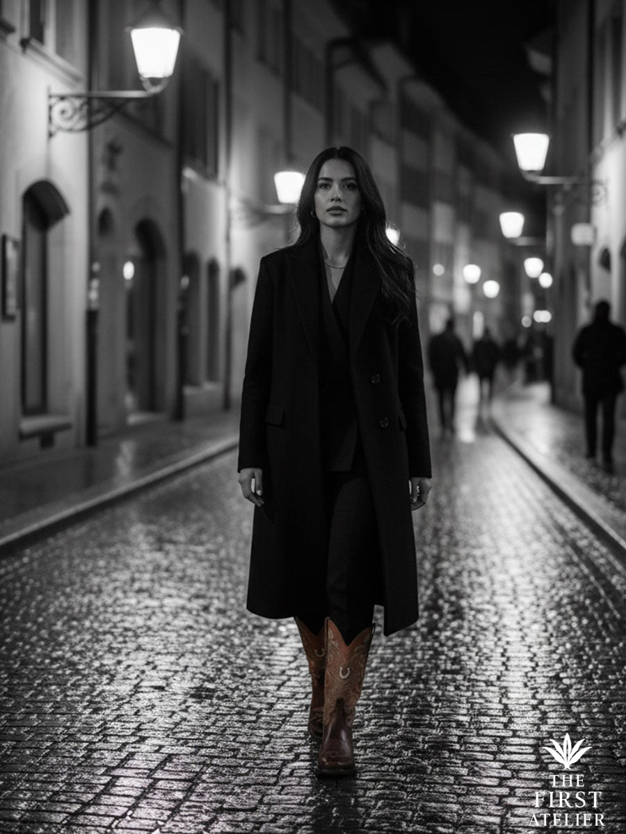 Black-and-white editorial shot of a woman in a long dark coat walking through a rain-lit city street in the La Flor del Camino Boot — classic Western silhouette elevated for modern nightlife, Atelier No. 12.