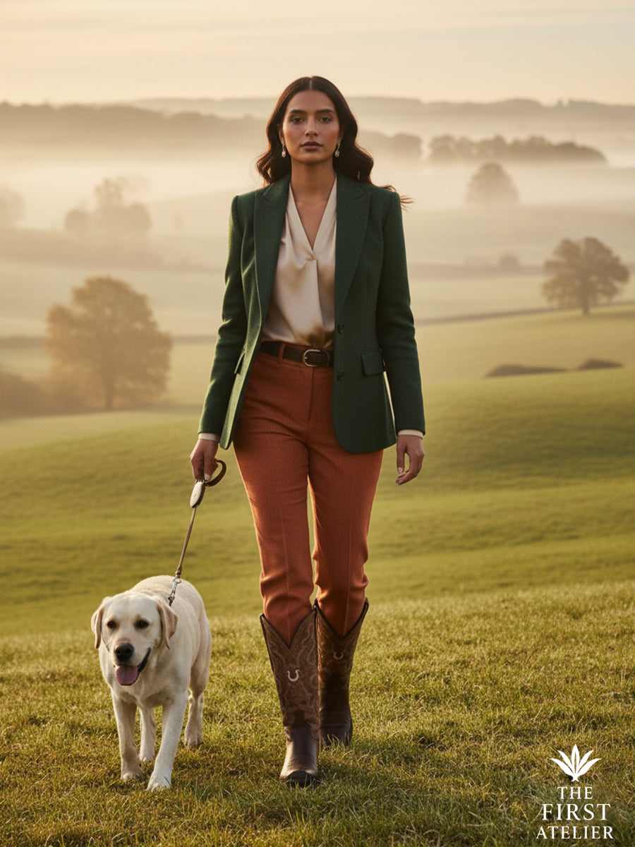 Woman walking through open countryside with her dog at golden hour, wearing the La Flor del Camino Boot — handcrafted brown leather boots with traditional floral tooling, Atelier No. 12
