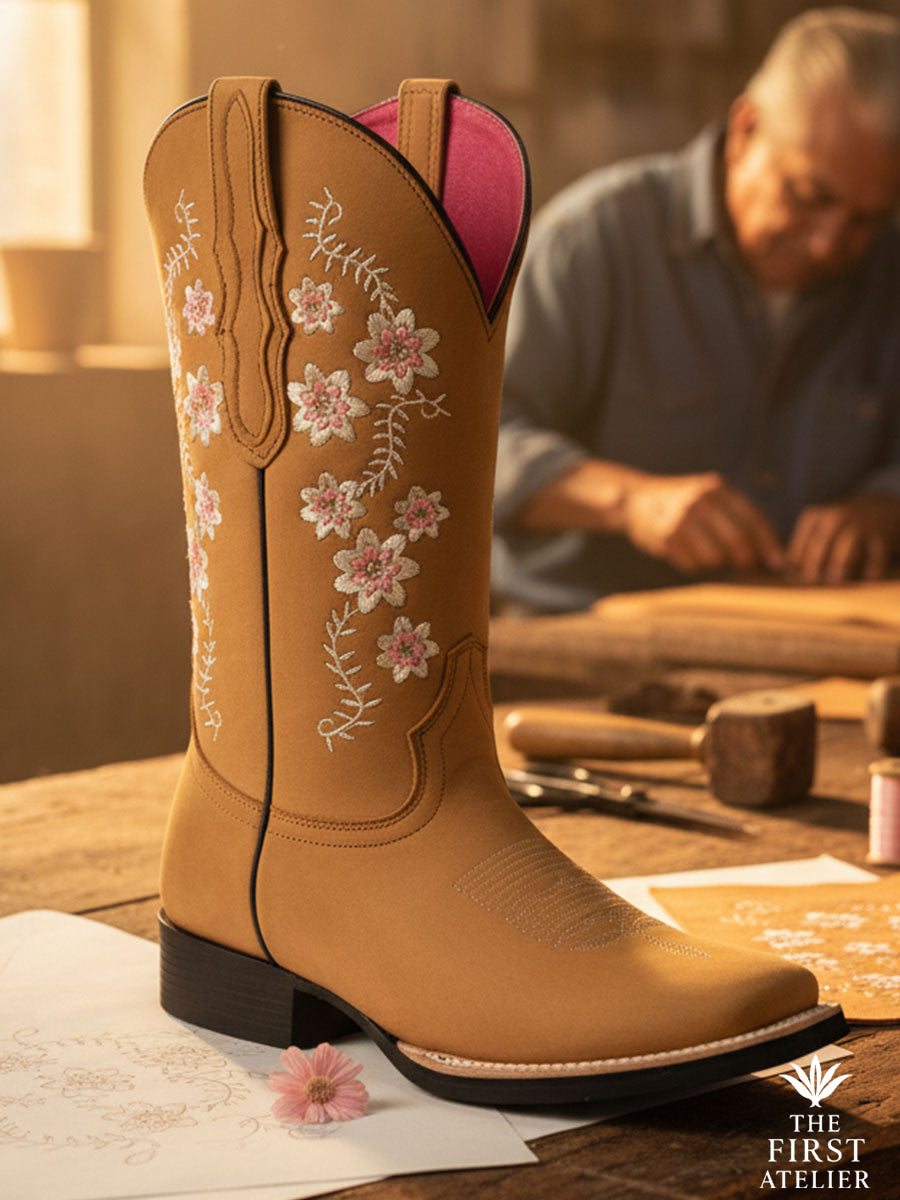 Close-up of La Flor del Cerezo Boot — honey-blush leather with hand-embroidered cherry blossoms and rose-pink collar, handcrafted in León, Guanajuato, Atelier No. 18.