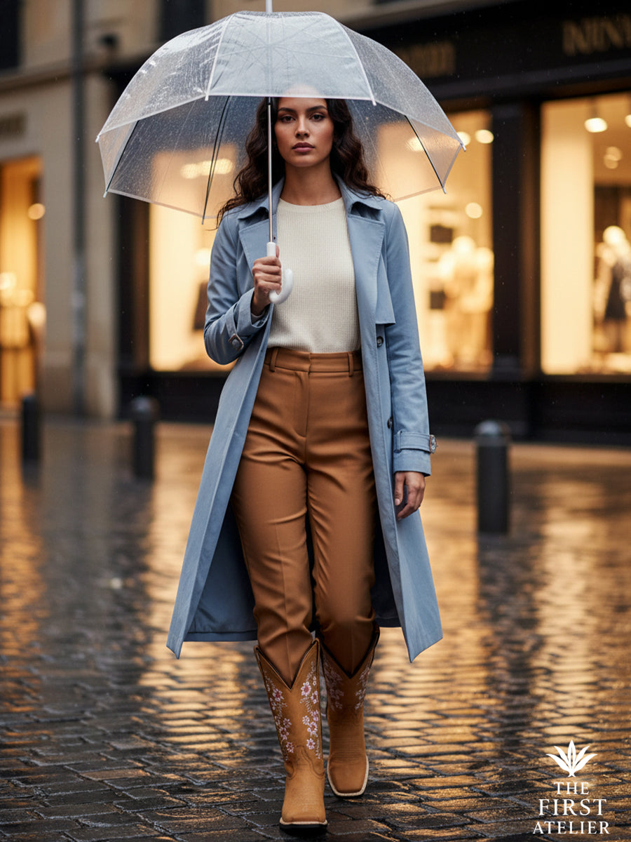 Woman walking through the city after rain in La Flor del Cerezo Boot — honey-blush leather with cherry-blossom embroidery glistening under umbrella light, Atelier No. 18.
