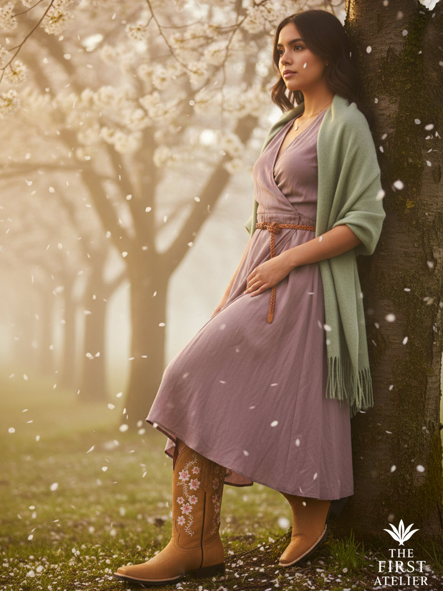 Soft-lit forest scene with petals falling around a woman in a lavender dress and sage shawl wearing La Flor del Cerezo Boot, Atelier No. 18.