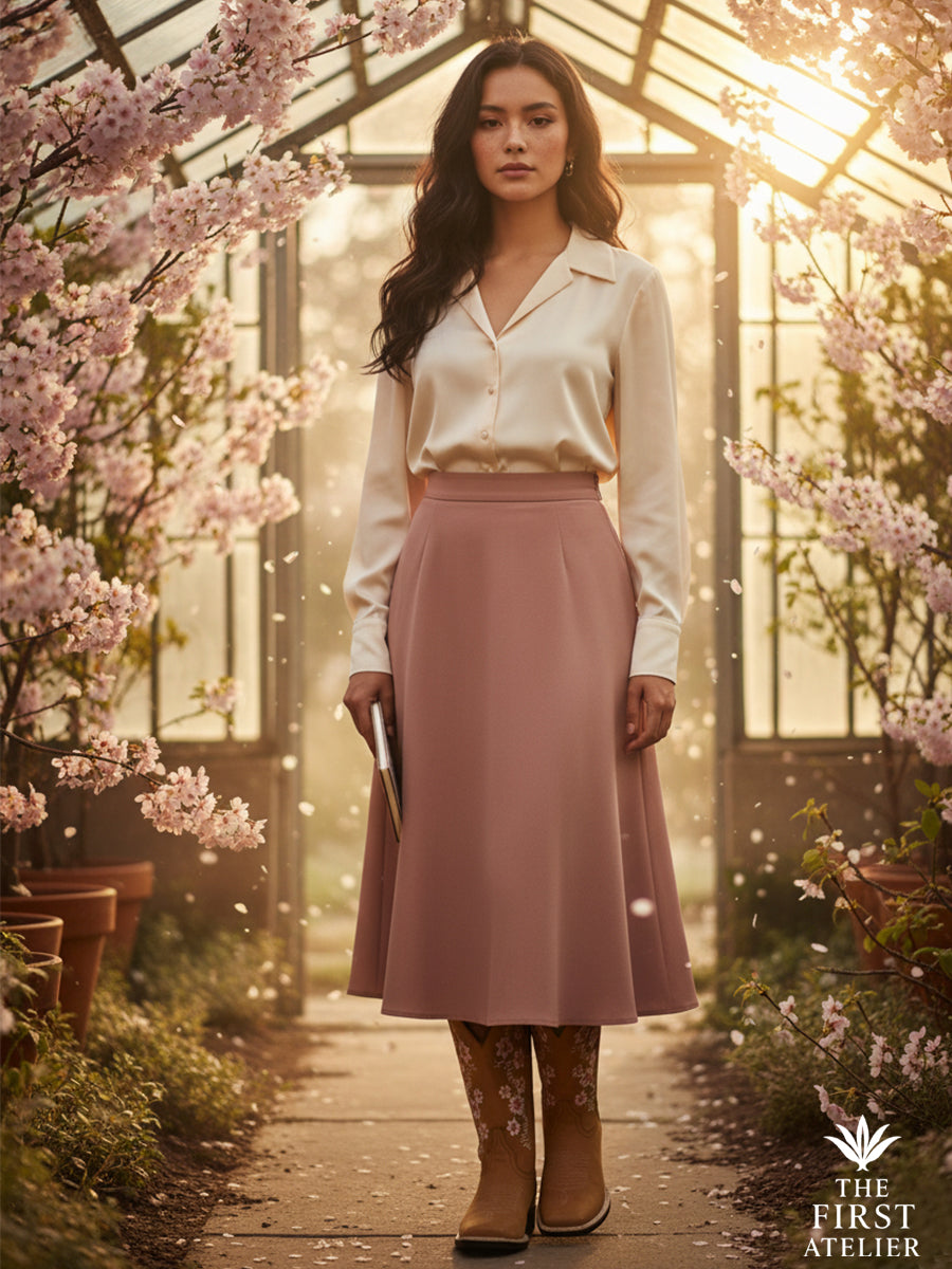 Editorial portrait of a woman in a cream blouse and rose-mauve skirt surrounded by blooming cherry branches, wearing La Flor del Cerezo Boot — Atelier No. 18.