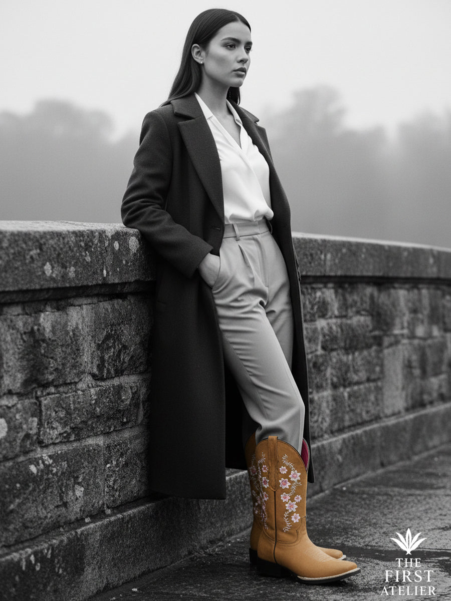 Black-and-white portrait of a woman in tailored coat and trousers wearing La Flor del Cerezo Boot — timeless grace and modern poise, Atelier No. 18.