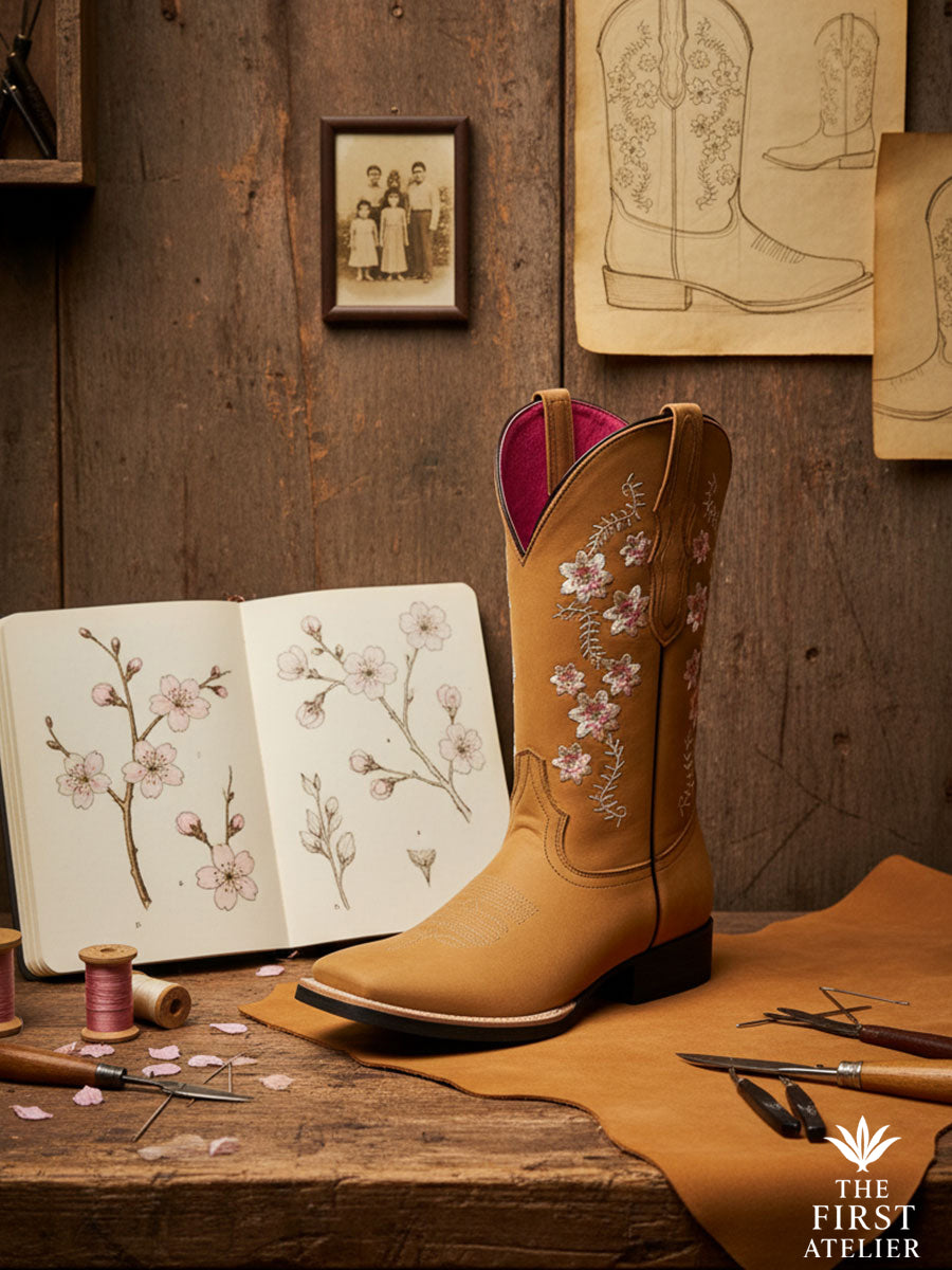 La Flor del Cerezo Boot displayed on an artisan workbench beside cherry-blossom sketches and tools — honoring small-batch Mexican craftsmanship, Atelier No. 18.