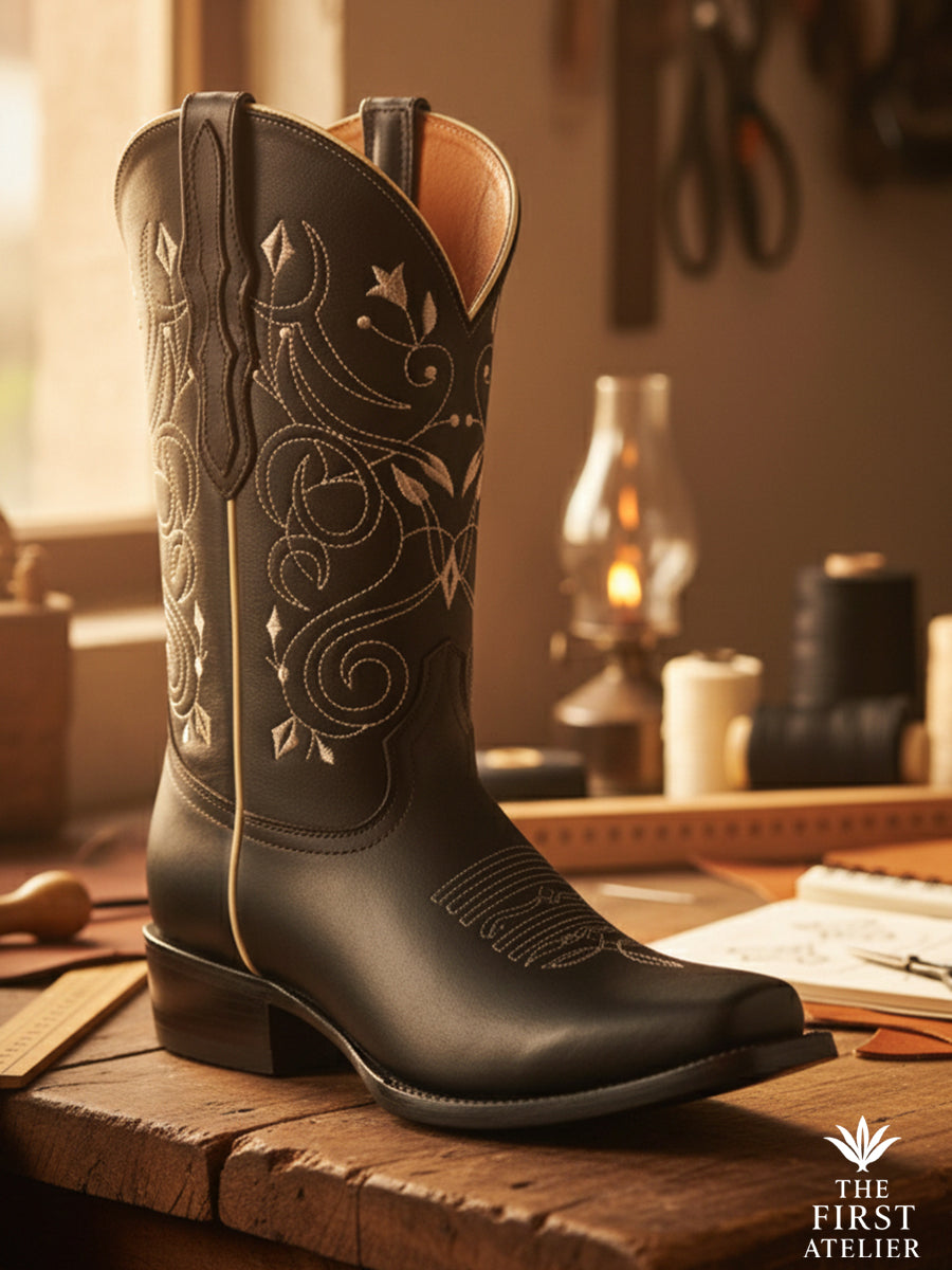 Close-up of La Luz del Horizonte Boot in matte black leather with ivory embroidery, photographed on an artisan’s workbench beside pattern sketches and warm lamplight, handcrafted in León, Guanajuato.