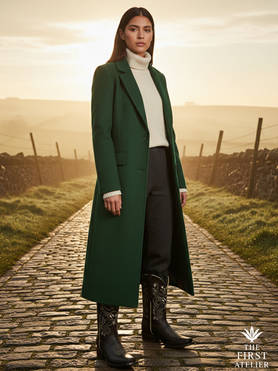 Woman standing in a dewy garden with a dog at sunrise, wearing La Luz del Horizonte Boot — earthy confidence and calm.