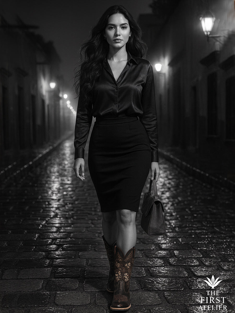 Black-and-white night street portrait — tailored look and La Rosa de los Portales Boot, quiet confidence, Atelier No. 21.