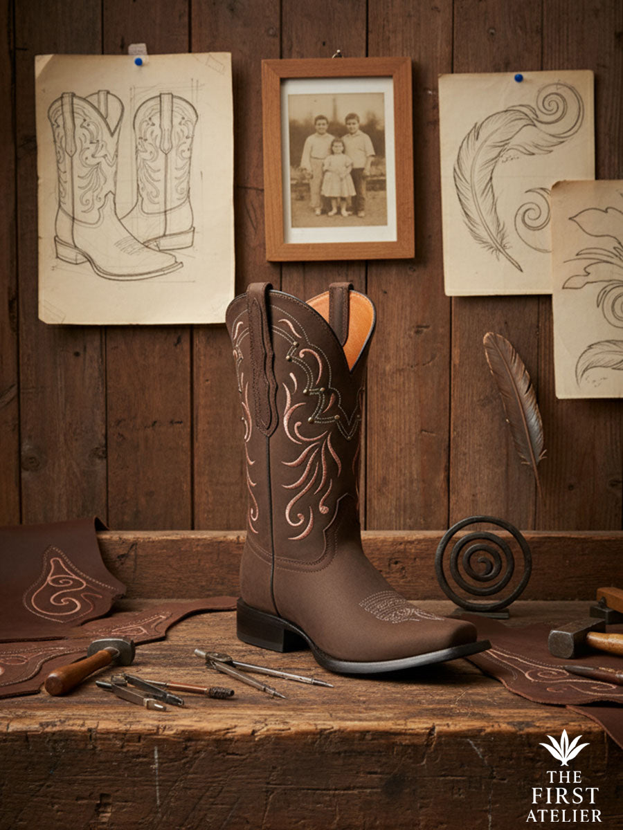 La Rosa del Atardecer Boot displayed on an artisan workbench with leather tools and pattern sketches pinned to the wall — honoring small-batch Mexican craftsmanship, Atelier No. 14.