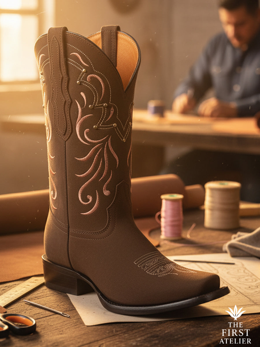 Close-up of La Rosa del Atardecer Boot — burnished tobacco leather with warm copper floral embroidery and a hand-burnished toe, handcrafted in León, Guanajuato, Atelier No. 14.