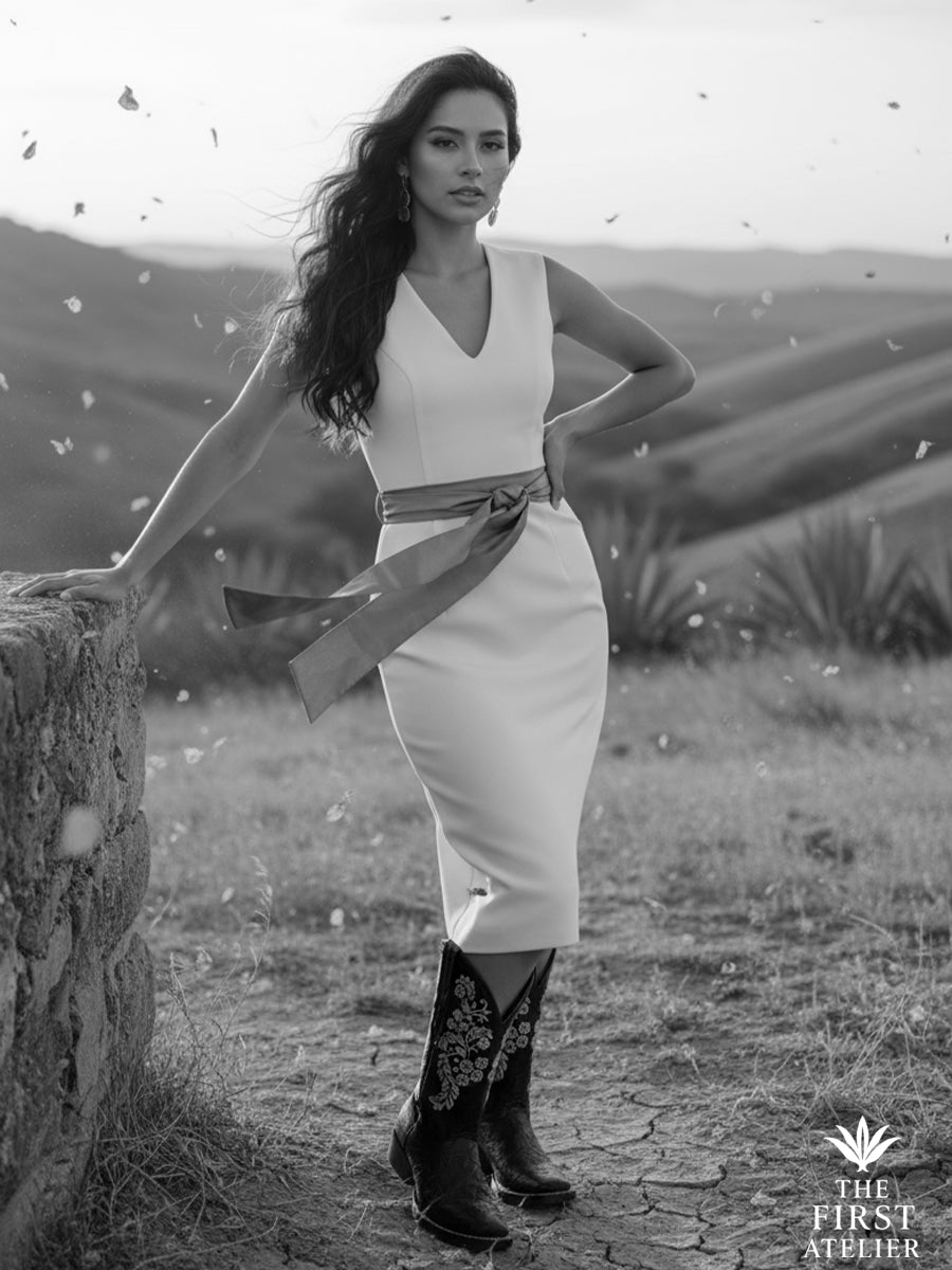 Black-and-white portrait on a windy hillside wearing La Rosa Eterna Boot — timeless grace, Atelier No. 20.