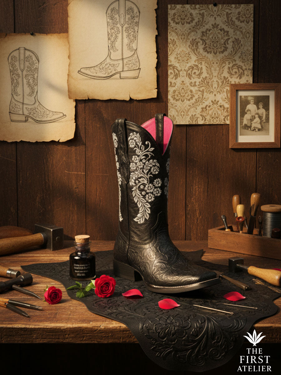 La Rosa Eterna Boot on a leather workbench with rose petals and sketches — a tribute to Mexican craftsmanship, Atelier No. 20.