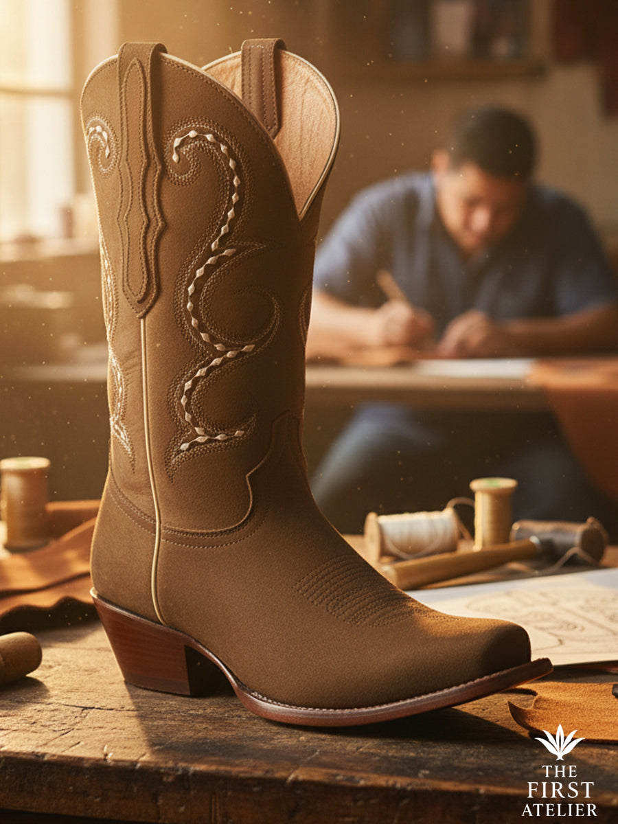 Close-up of La Ruta del Altiplano Boot — sand full-grain leather, sculpted stitchwork, rose lining; artisan bench, Atelier No. 27.