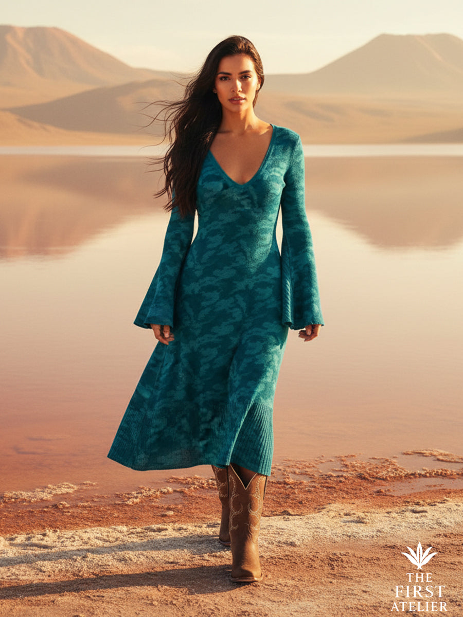 Editorial portrait in a teal dress crossing a desert expanse wearing La Ruta del Altiplano Boot — quiet strength, Atelier No. 27.